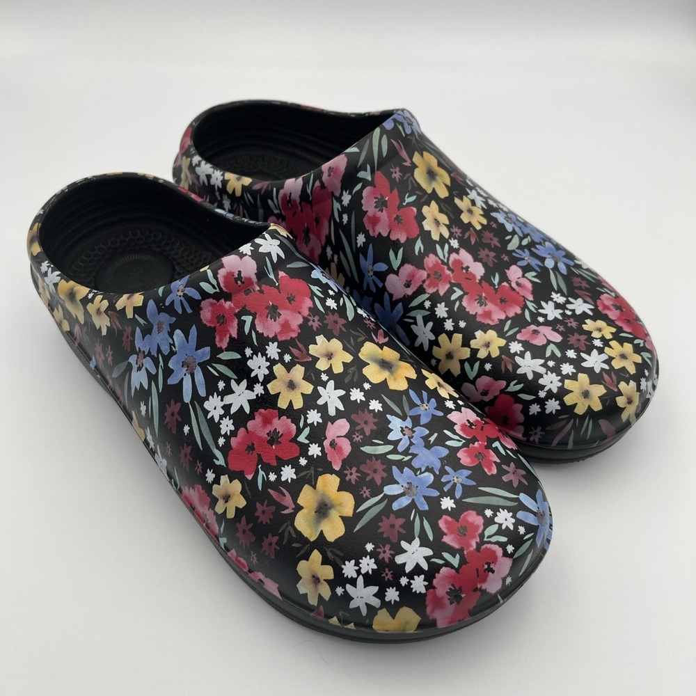 Totes Black Floral Slip On Mule Clogs‎ Size 10